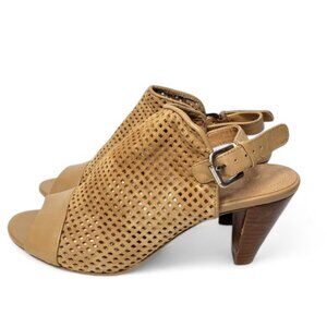 Tahari Eloise Perforated Suede Slingback Heels Women's Tan Peep Toe Bootie 7